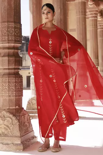 Red chanderi aari embroidered anarkali set