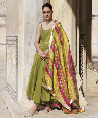 Green aari embroidered dupion silk strapy anarkali set 1