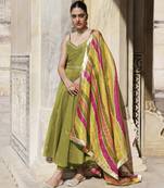 Green aari embroidered dupion silk strapy anarkali set