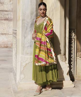 Green aari embroidered dupion silk strapy anarkali set 2