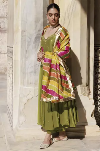 Green aari embroidered dupion silk strapy anarkali set