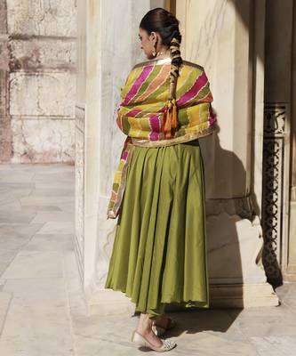 Green aari embroidered dupion silk strapy anarkali set 3
