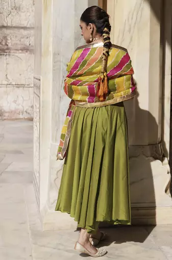 Green aari embroidered dupion silk strapy anarkali set