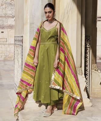 Green aari embroidered dupion silk strapy anarkali set 4