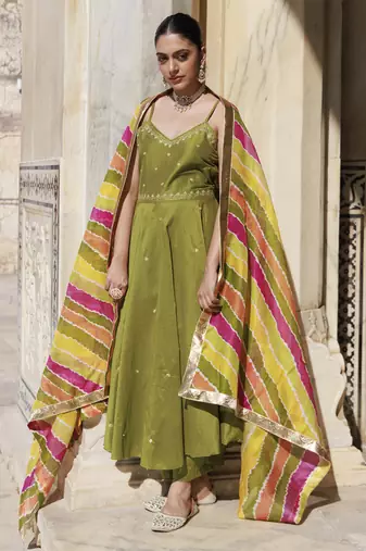 Green aari embroidered dupion silk strapy anarkali set