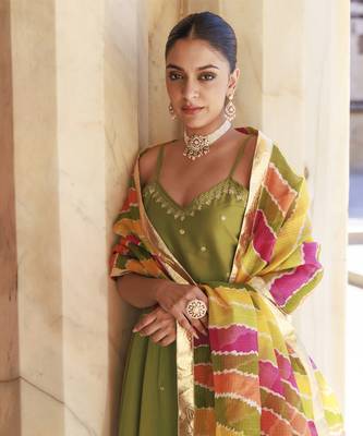 Green aari embroidered dupion silk strapy anarkali set 5