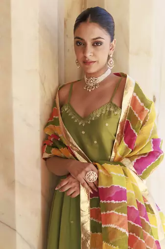 Green aari embroidered dupion silk strapy anarkali set