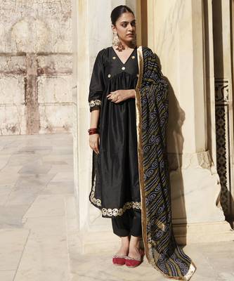 Black gota patti work dupion silk kurta set with bandhani printed dupatta 1