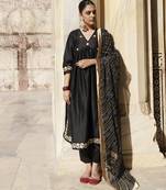 Black gota patti work dupion silk kurta set with bandhani printed dupatta