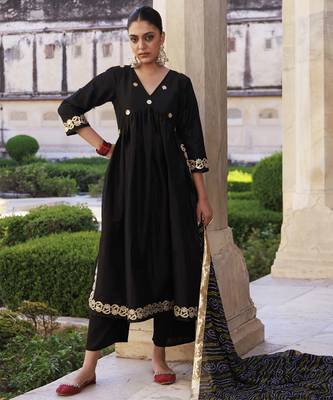 Black gota patti work dupion silk kurta set with bandhani printed dupatta 2