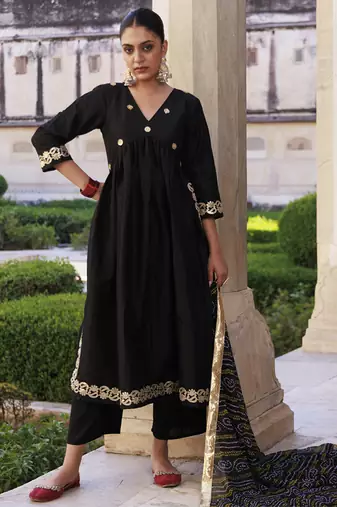 Black gota patti work dupion silk kurta set with bandhani printed dupatta