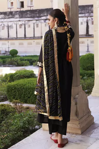 Black gota patti work dupion silk kurta set with bandhani printed dupatta