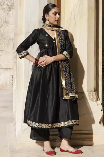 Black gota patti work dupion silk kurta set with bandhani printed dupatta