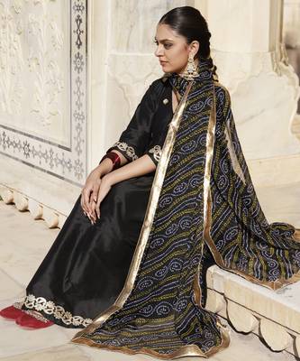 Black gota patti work dupion silk kurta set with bandhani printed dupatta 5