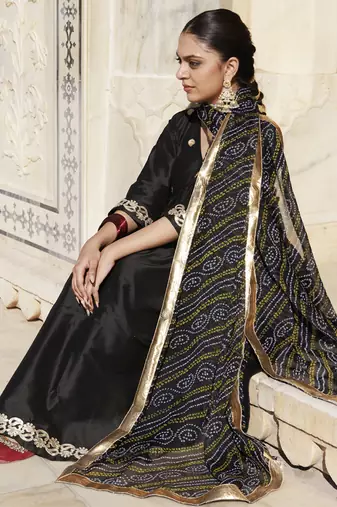 Black gota patti work dupion silk kurta set with bandhani printed dupatta