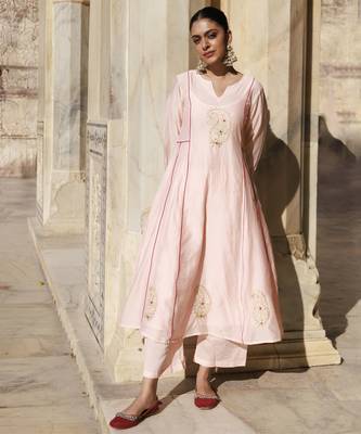 Peach chanderi aari embroidered anarkali set 1