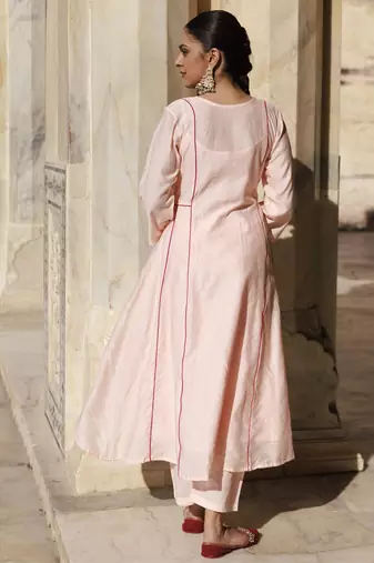 Peach chanderi aari embroidered anarkali set