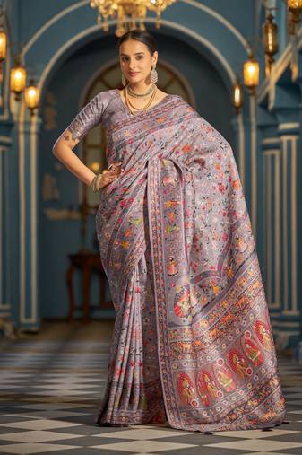 Purple Elegant Pashmina Kashmiri Jacquard Saree with Kalamkari & Meenakari Weaving