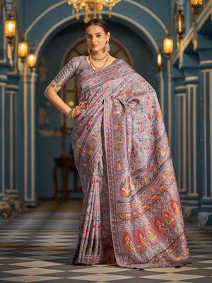 Purple Elegant Pashmina Kashmiri Jacquard Saree with Kalamkari & Meenakari Weaving 1