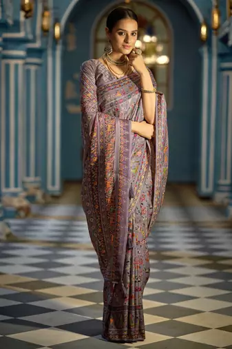 Purple Elegant Pashmina Kashmiri Jacquard Saree with Kalamkari & Meenakari Weaving