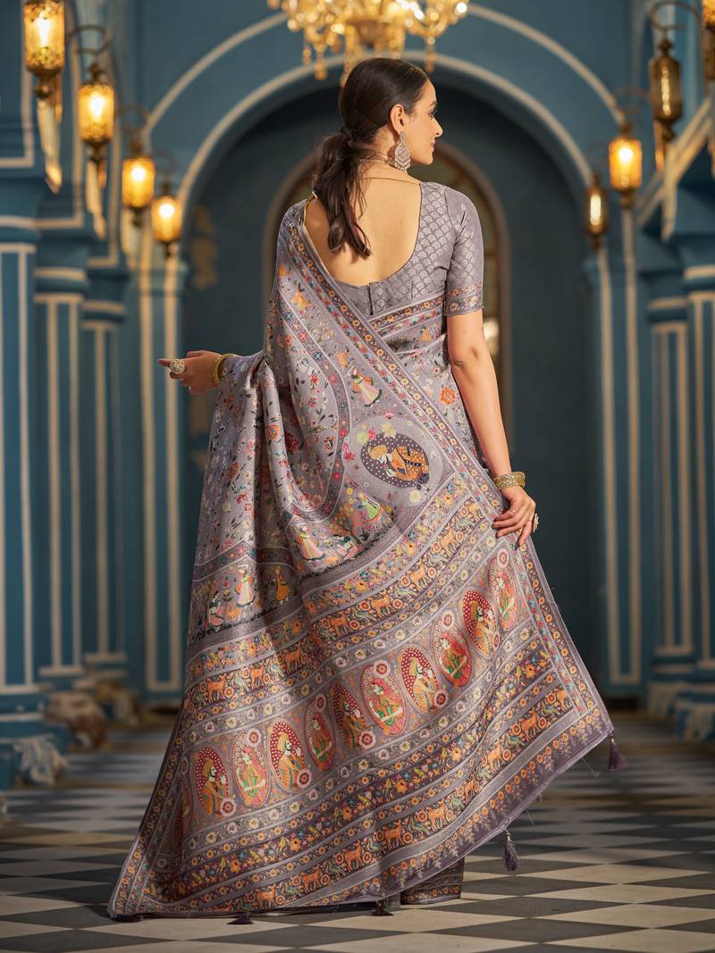 Purple Elegant Pashmina Kashmiri Jacquard Saree with Kalamkari & Meenakari Weaving
