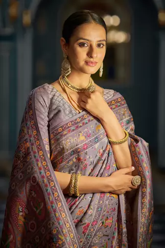 Purple Elegant Pashmina Kashmiri Jacquard Saree with Kalamkari & Meenakari Weaving