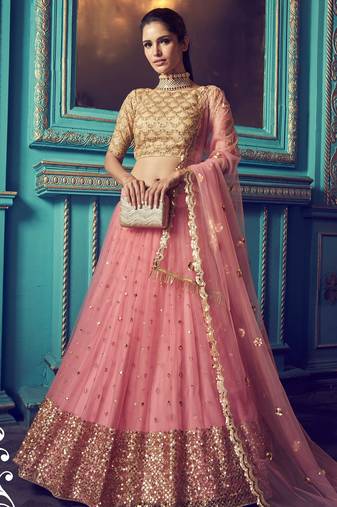Pink Embrooidery and Stone Work Net Lehenga with Bloue- Full Stitched