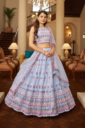 Blue Embrooidery and Thread Work Georgette Lehenga with Bloue- Full Stitched