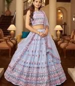 Blue Embrooidery and Thread Work Georgette Lehenga with Bloue- Full Stitched