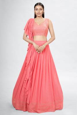 Pink Embrooidery and Thread Work Georgette Lehenga with Bloue- Full Stitched 1