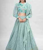Green Embrooidery and Thread Work Georgette Lehenga with Bloue- Full Stitched