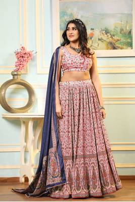 Beige Digital Print Satin Silk Lehenga with Bloue- Full Stitched 1