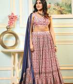 Beige Digital Print Satin Silk Lehenga with Bloue- Full Stitched
