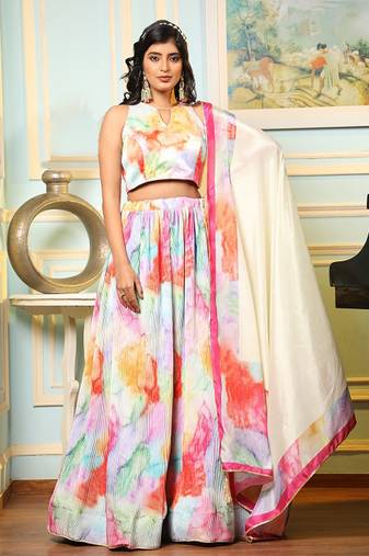 Multi Digital Print Satin Silk Lehenga with Bloue- Full Stitched