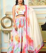 Multi Digital Print Satin Silk Lehenga with Bloue- Full Stitched