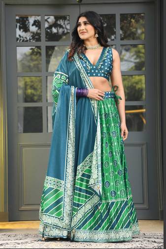 Teal Blue Digital Print Satin Silk Lehenga with Bloue- Full Stitched