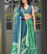 Teal Blue Digital Print Satin Silk Lehenga with Bloue- Full Stitched