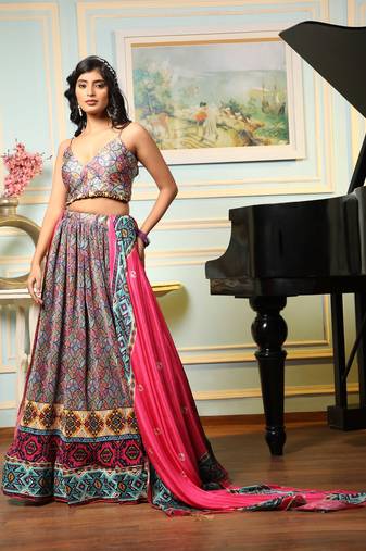 Multi Digital Print Satin Silk Lehenga with Bloue- Full Stitched