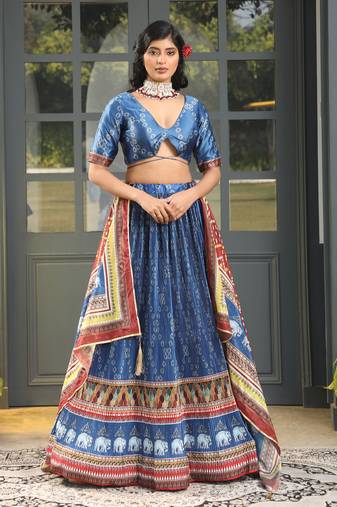 Teal Blue Digital Print Satin Silk Lehenga with Bloue- Full Stitched
