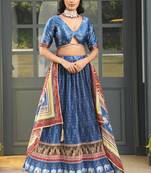 Teal Blue Digital Print Satin Silk Lehenga with Bloue- Full Stitched