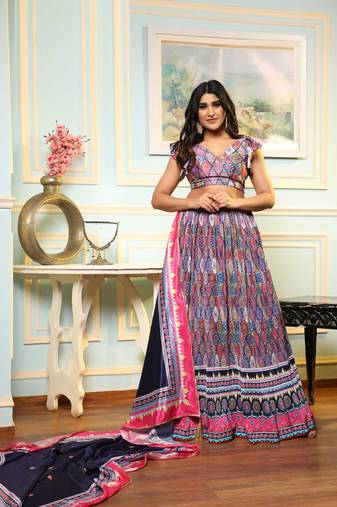Multi Digital Print Satin Silk Lehenga with Bloue- Full Stitched