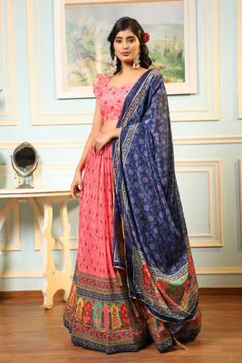 Pink Digital Print Satin Silk Lehenga with Bloue- Full Stitched 1