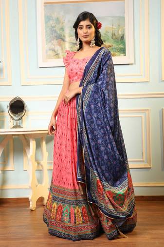Pink Digital Print Satin Silk Lehenga with Bloue- Full Stitched