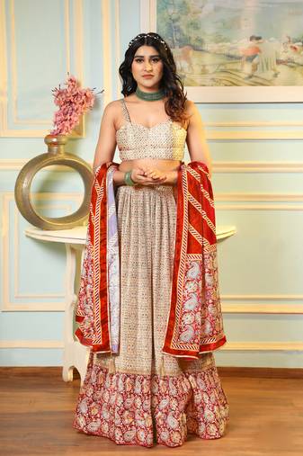 Cream Digital Print Satin Silk Lehenga with Bloue- Full Stitched