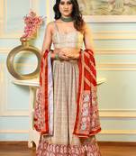 Cream Digital Print Satin Silk Lehenga with Bloue- Full Stitched