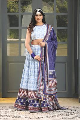 Blue Digital Print Satin Silk Lehenga with Bloue- Full Stitched 1