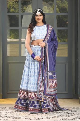 Blue Digital Print Satin Silk Lehenga with Bloue- Full Stitched
