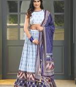 Blue Digital Print Satin Silk Lehenga with Bloue- Full Stitched