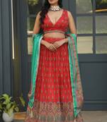 Red Digital Print Satin Silk Lehenga with Bloue- Full Stitched