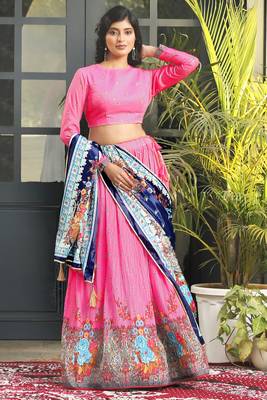 Pink Digital Print Satin Silk Lehenga with Bloue- Full Stitched 1